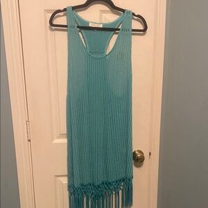 Turquoise Sleeveless Knit Dress with Fringe